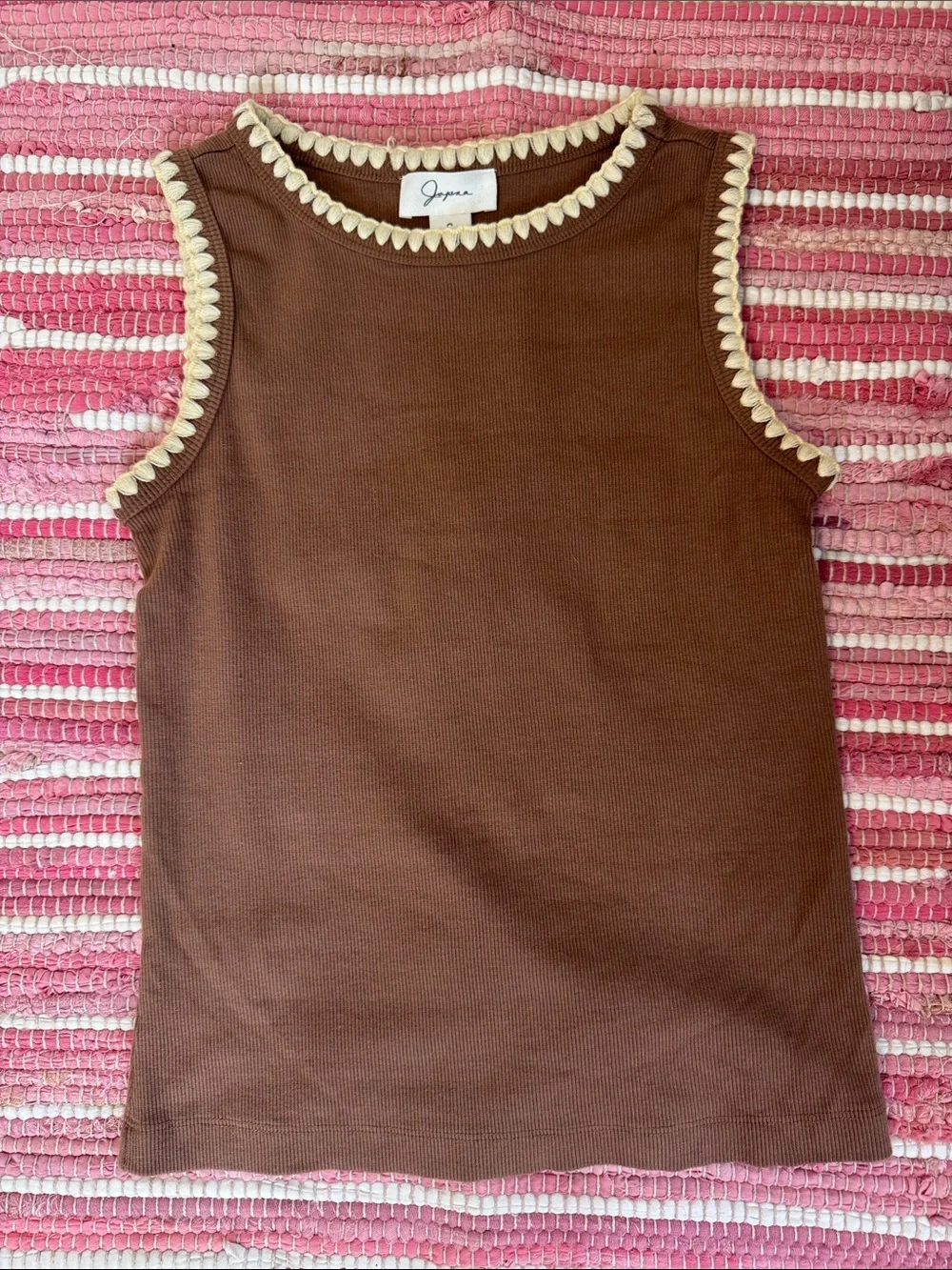 Brown Ribbed Tank with Cream Trim - Girls